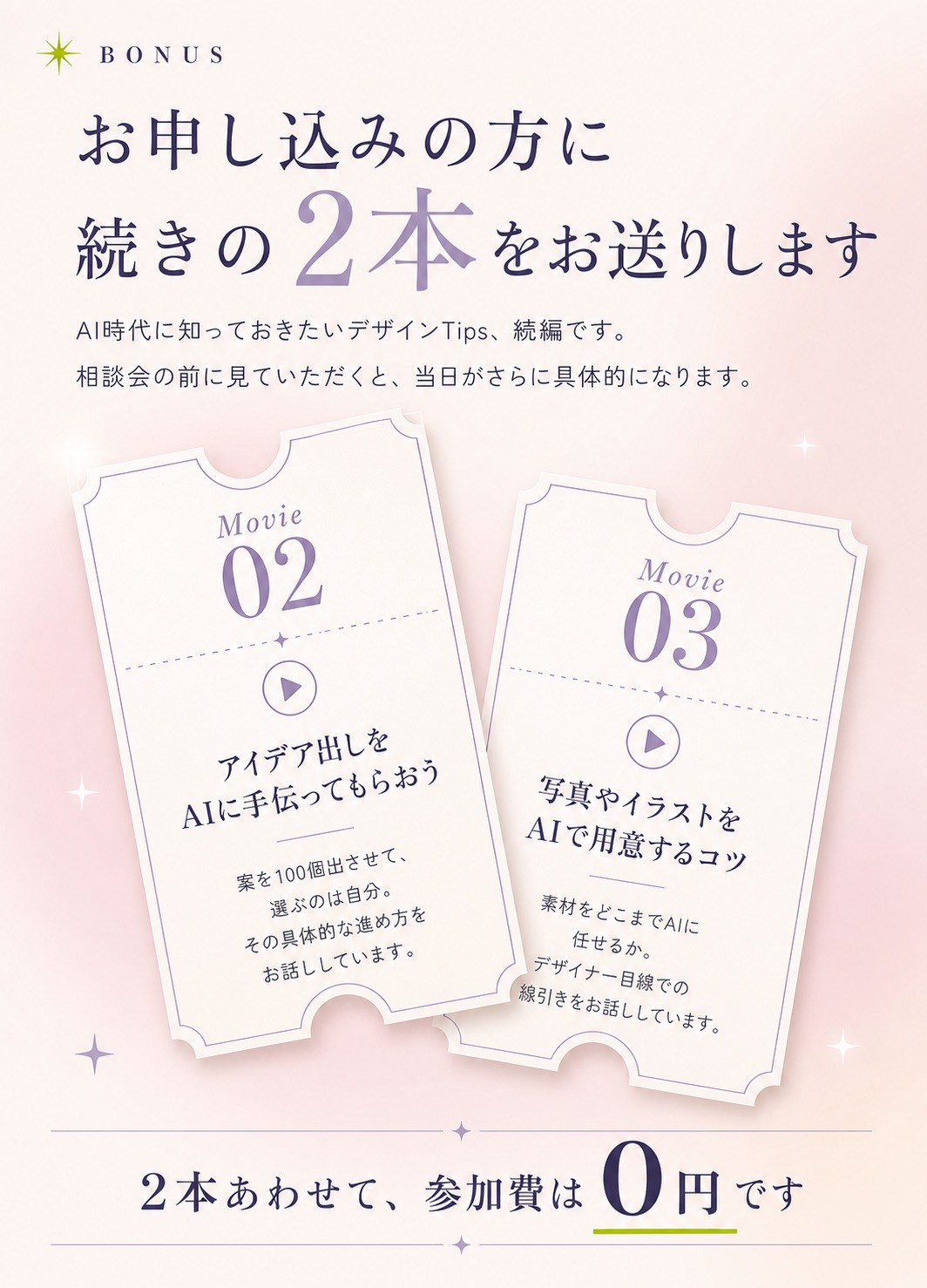 お申し込みの方に、続きの2本をお送りします。Movie02 アイデア出しをAIに手伝ってもらおう／Movie03 写真やイラストをAIで用意するコツ。2本あわせて、参加費は0円です。