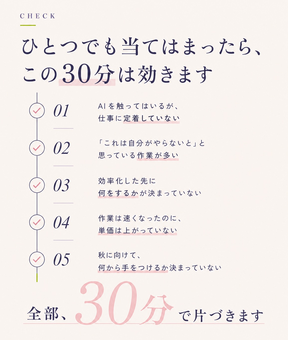 ひとつでも当てはまったら、この30分は効きます。AIを触ってはいるが仕事に定着していない／「これは自分がやらないと」と思っている作業が多い／効率化した先に何をするかが決まっていない／作業は速くなったのに単価は上がっていない／秋に向けて何から手をつけるか決まっていない。全部、30分で片づきます。